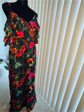 Boohoo Black Maxi Dress with Pink & Orange Floral Print